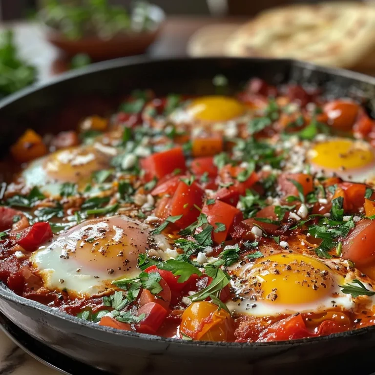 Close up view of Classic Shakshuka with poached eggs in a vibrant tomato sauce.