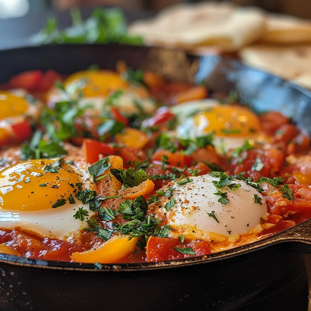 Side angle shot showcasing a skillet of Shakshuka with sprinkled herbs and eggs.