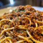 Close-up view of a bowl of Classic Spaghetti Bolognese with ground beef and tomato sauce.