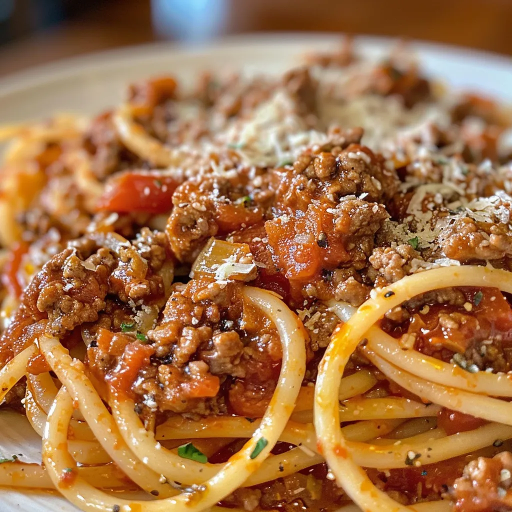 Side angle of a plate filled with spaghetti topped with rich Bolognese sauce and optional Parmesan.
