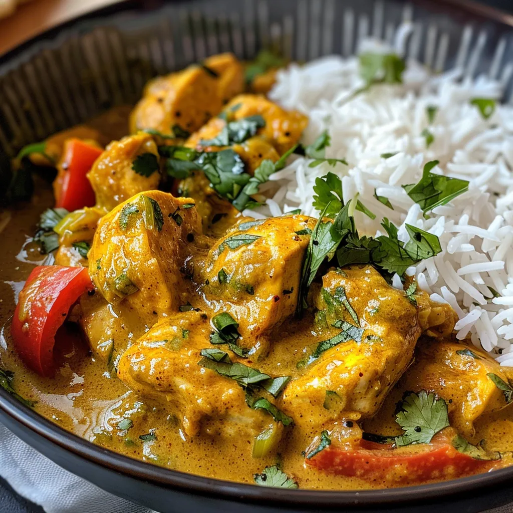Colorful Coconut Curry Chicken served in a bowl, showcasing chunks of chicken and spices.