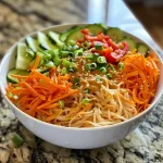Close-up view of a vibrant Cold Peanut Noodle Bowl featuring colorful vegetables and a creamy peanut sauce.