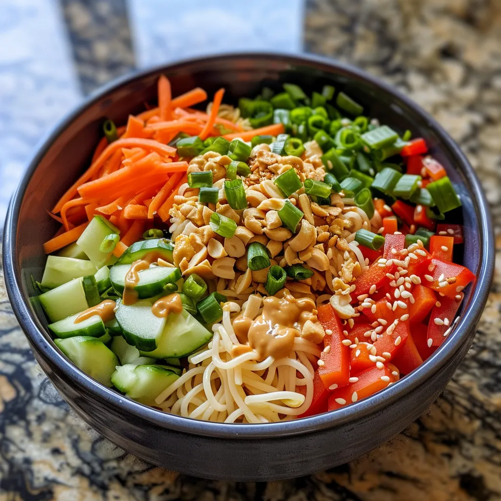 Side view of a vibrant Cold Peanut Noodle Bowl filled with noodles and toppings.
