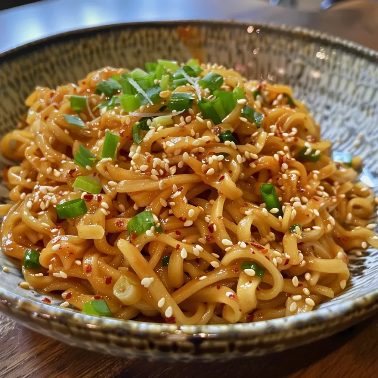 Close-up side view of Cold Peanut Sesame Noodles garnished with sesame seeds and cucumber strips.