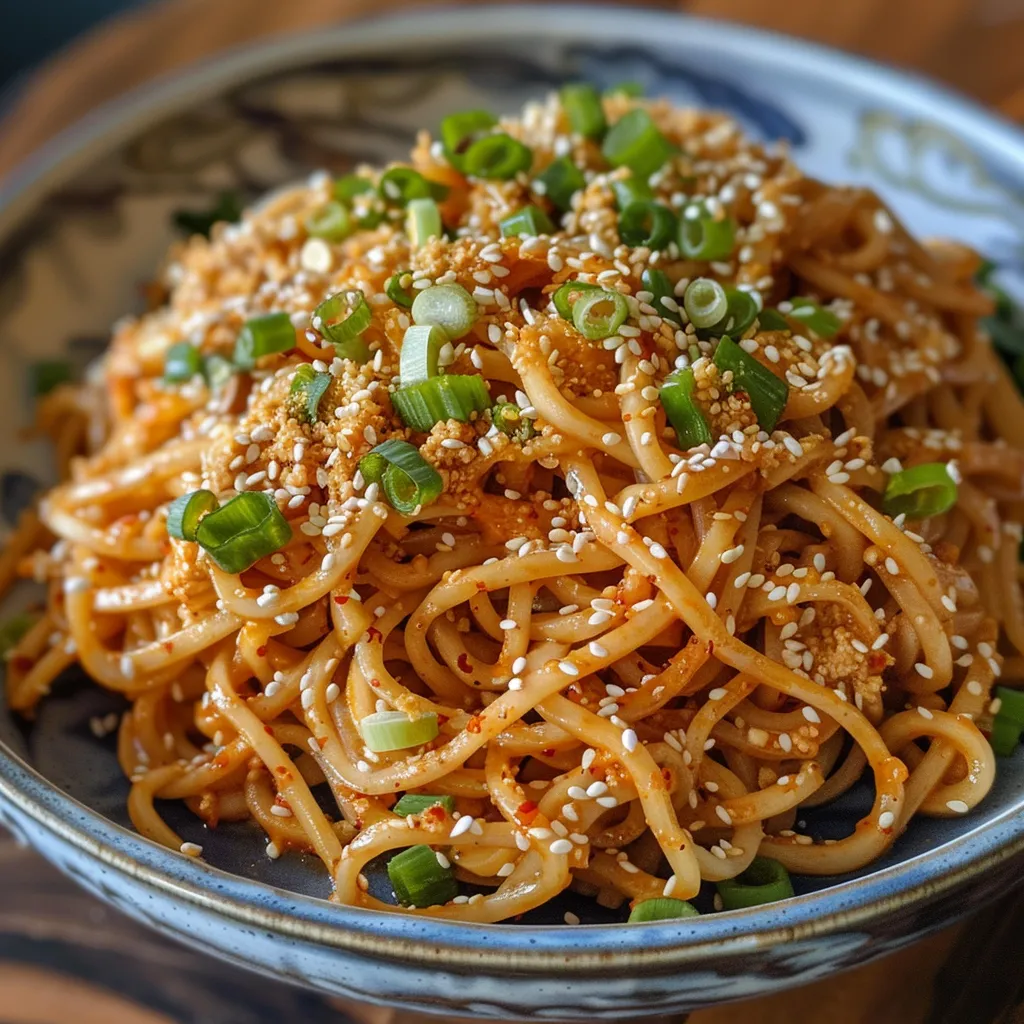 Juicy Cold Peanut Sesame Noodles displayed in a bowl, featuring vibrant cucumber and sesame seed toppings.