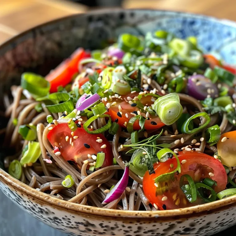 A close-up view of a cold soba noodle salad featuring cucumber and creamy peanut dressing.
