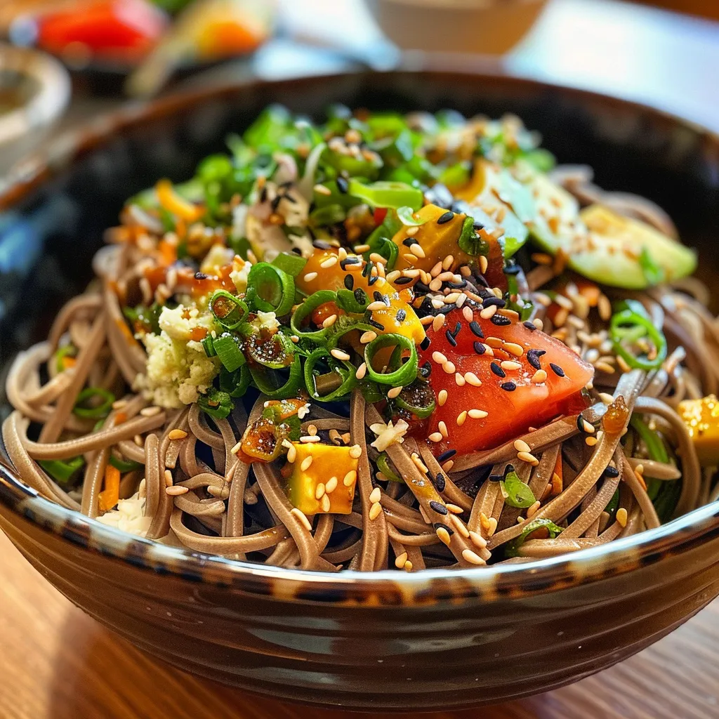 A side view of a colorful cold soba noodle salad, highlighting the noodles, cucumbers, and dressing.