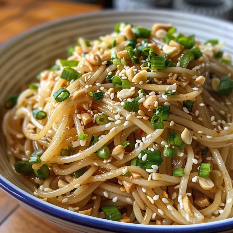 Close-up view of Cold Spicy Peanut Sesame Noodles garnished with scallions and sesame seeds.