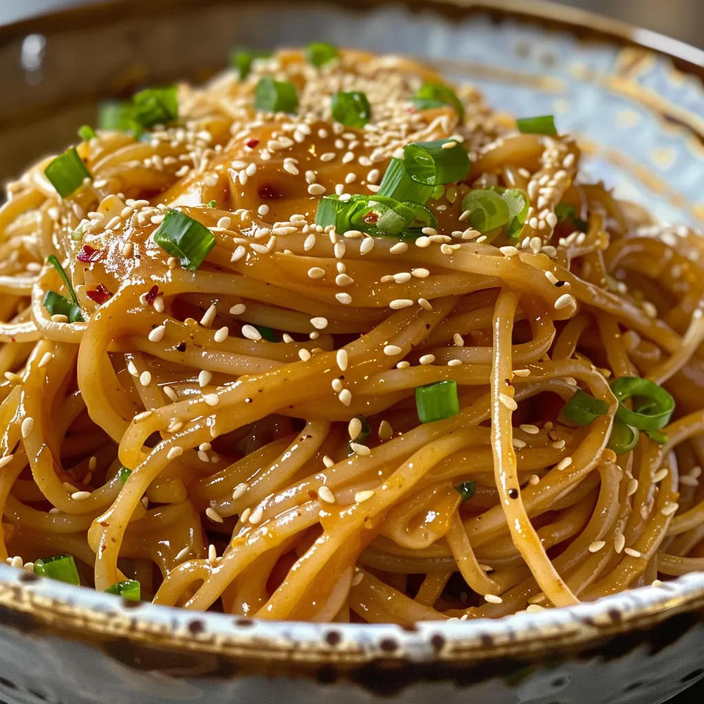 Delicious Cold Spicy Peanut Sesame Noodles in a bowl, featuring a creamy peanut sauce and colorful toppings.