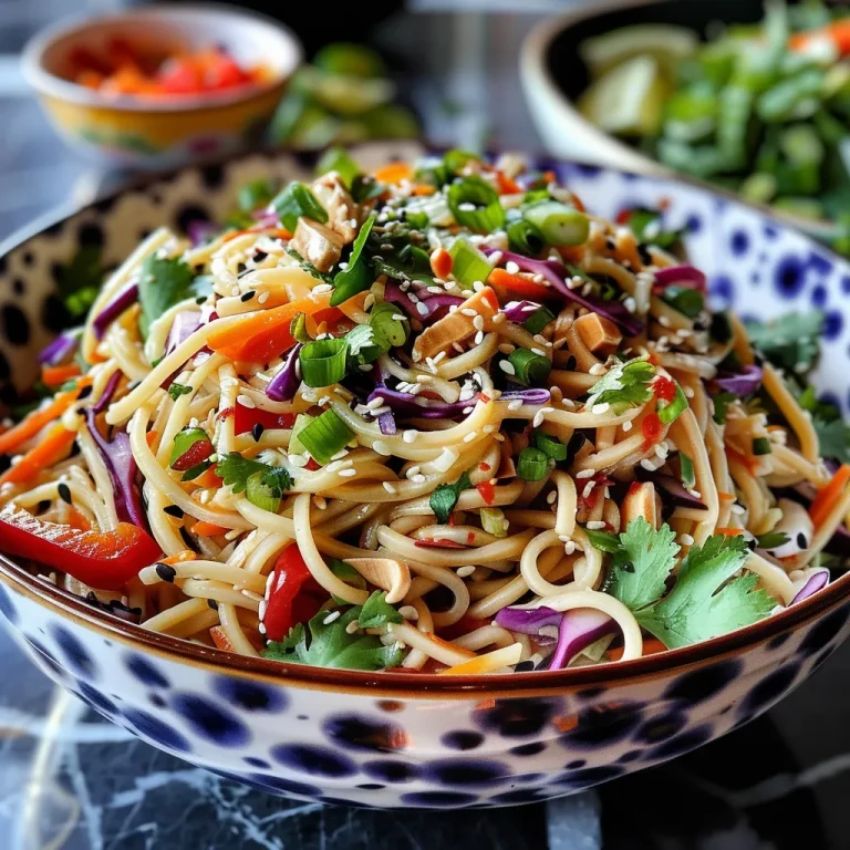 Close-up view of a colorful Cold Tahini Noodle Salad with vibrant vegetables.