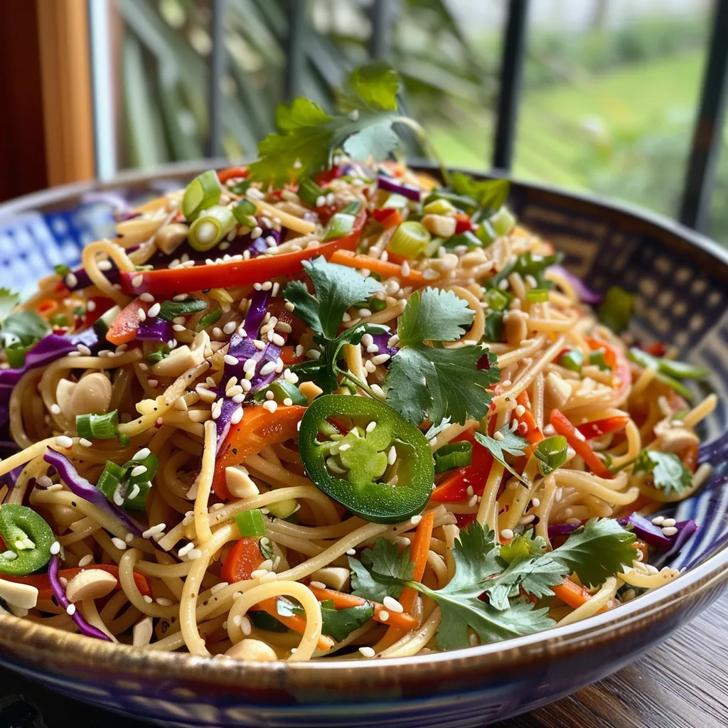 A side view of a refreshing Cold Tahini Noodle Salad with mixed noodles and fresh herbs.
