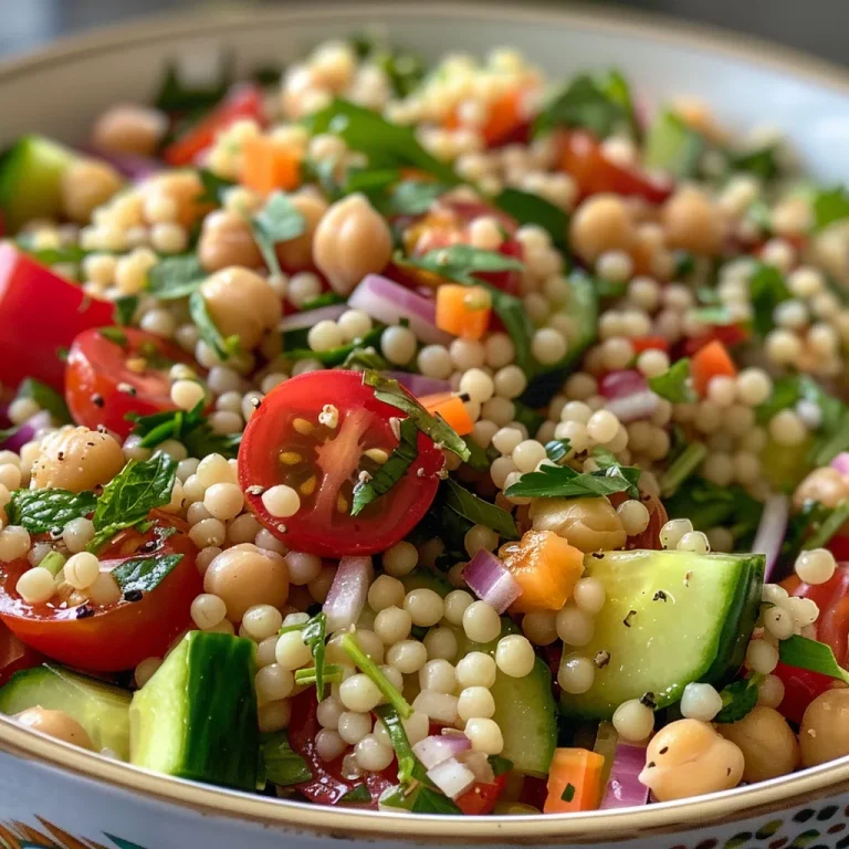 Close-up view of a colorful couscous salad with fresh vegetables.