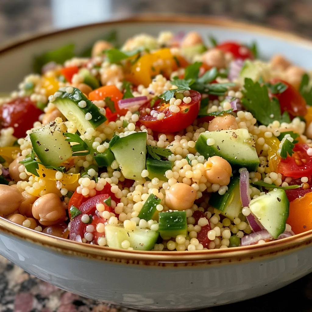 Side angle of a vibrant couscous salad featuring cherry tomatoes and cucumber.