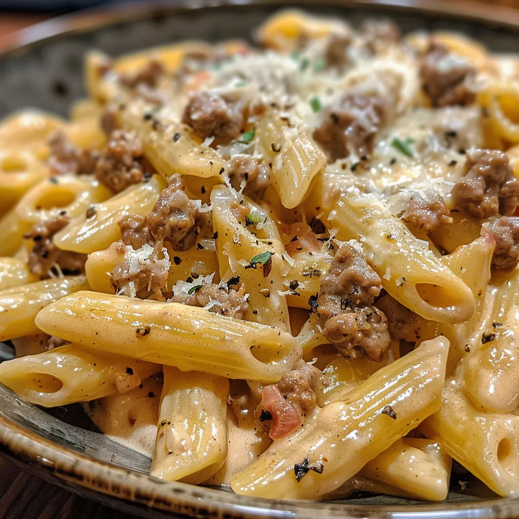 Side view of a bowl filled with creamy beef pasta, showcasing its rich texture.