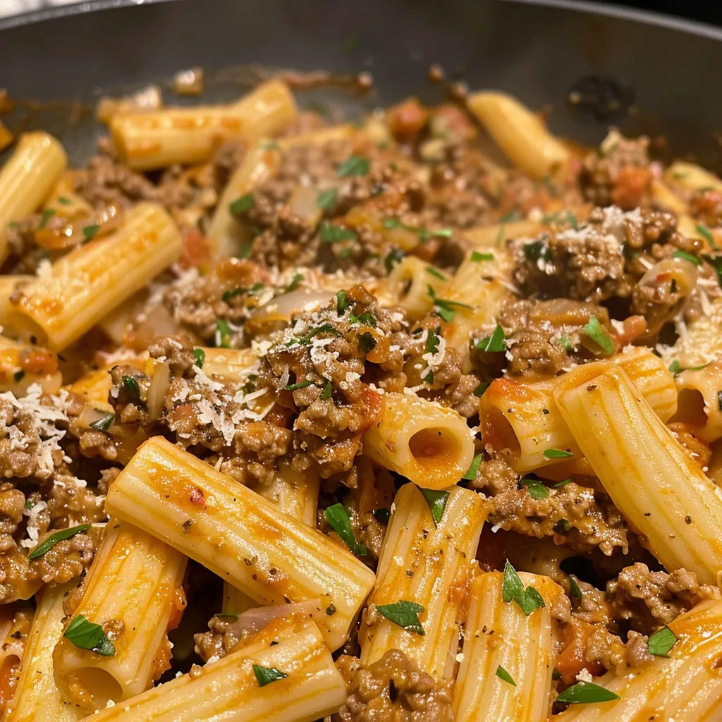 Side view of a bowl filled with steaming creamy beef pasta, highlighting its rich texture.