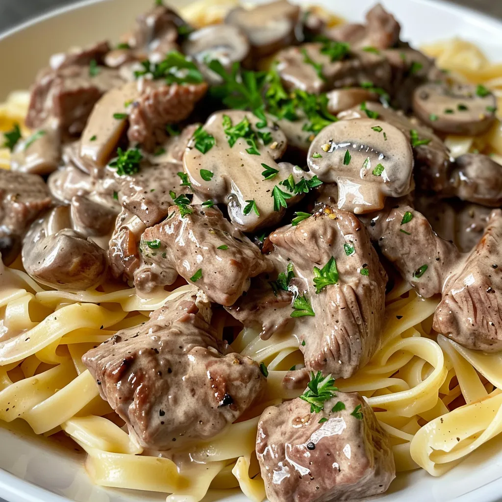 Side view of beef stroganoff garnished with fresh parsley, featuring a rich cream sauce and noodles.