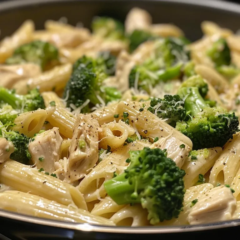 Close-up of creamy broccoli and chicken penne pasta with vibrant green broccoli florets.