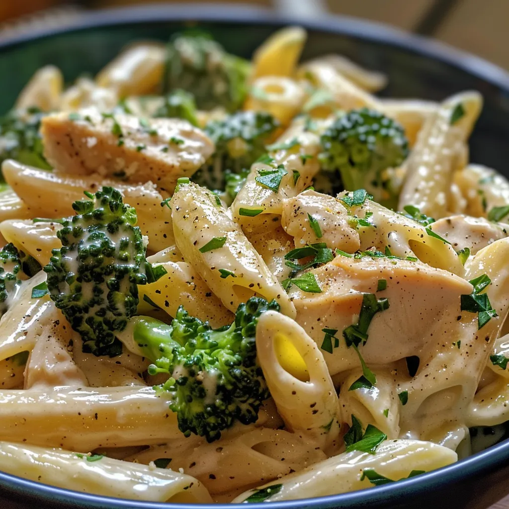 Side view of a bowl filled with creamy penne pasta, chicken pieces, and bright broccoli.