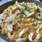 A close-up view of creamy chicken Alfredo pasta with slices of chicken and a sprinkle of parsley.
