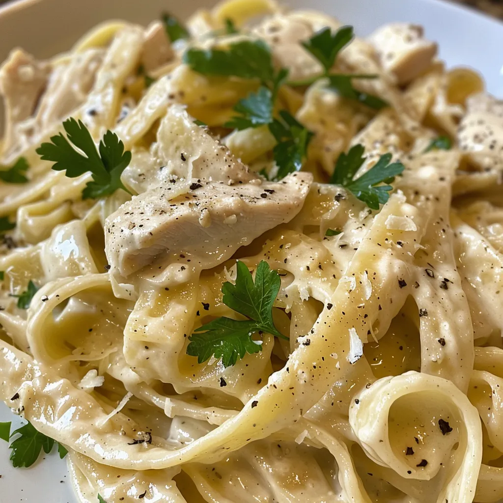 Side angle shot of a delicious bowl of Chicken Alfredo pasta topped with parsley.
