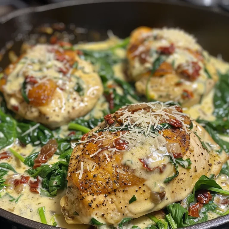 Juicy chicken breast coated in creamy spinach Parmesan sauce with sun-dried tomatoes.