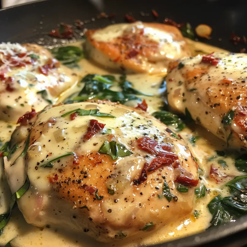 Close-up of a succulent chicken breast in a rich spinach sauce with a sprinkle of Parmesan.