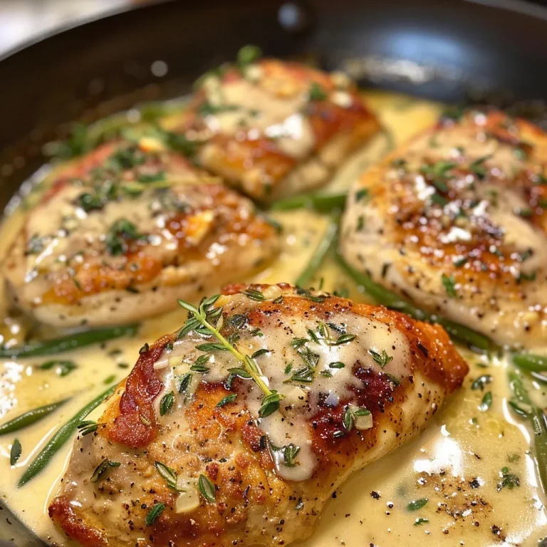 Close-up side view of creamy herb chicken served with green beans and steamed rice.