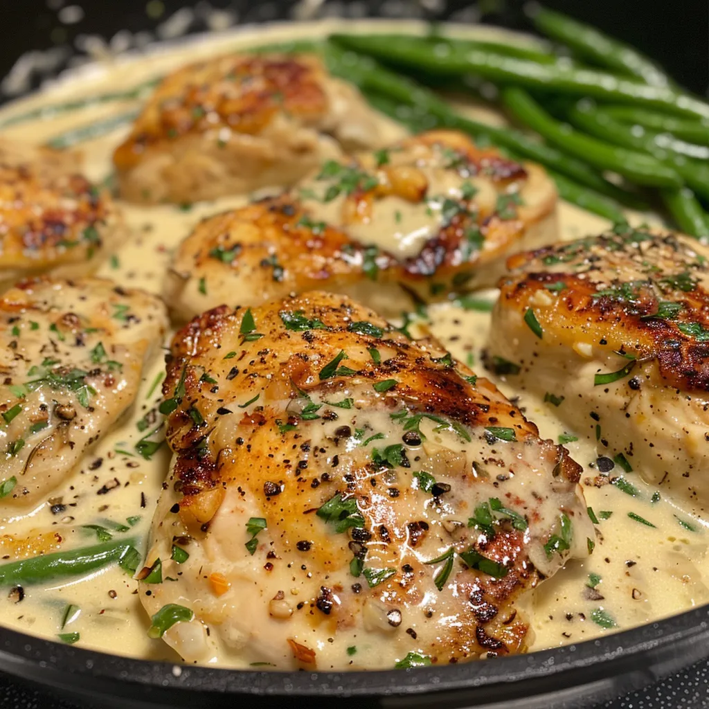 Juicy creamy herb chicken with vibrant green beans and fluffy rice in a plate, captured from the side.