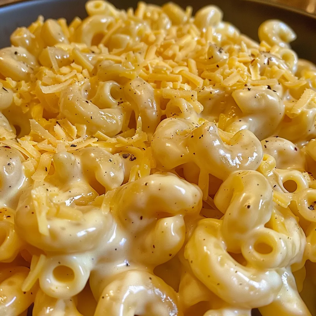 Side view of a bowl filled with creamy macaroni and cheese.