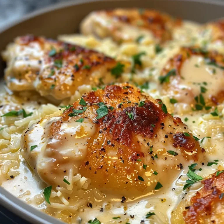 Juicy creamy smothered chicken resting on a bed of fluffy rice.