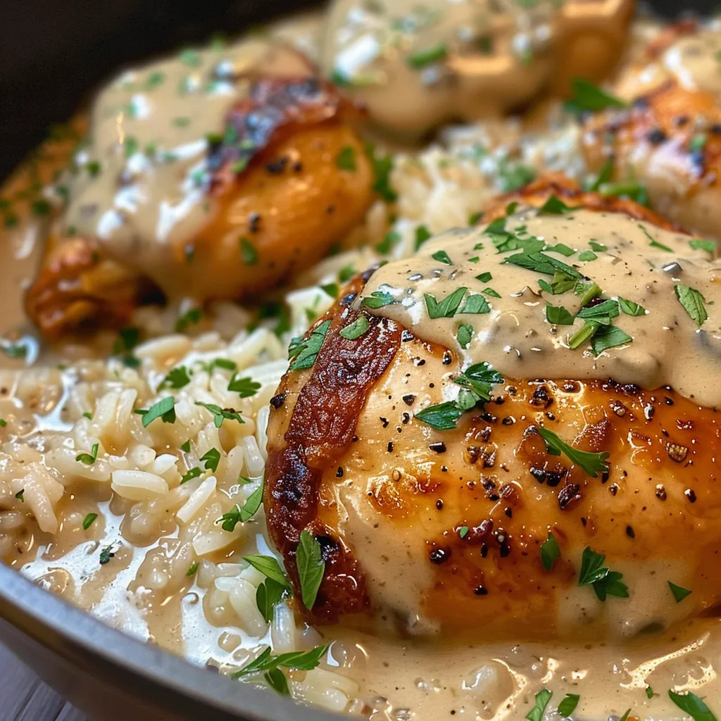 Close-up of tender chicken breasts covered in a rich creamy sauce with rice.