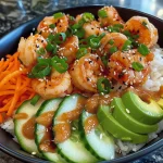 A close-up view of creamy Sriracha shrimp poke bowls featuring colorful ingredients.