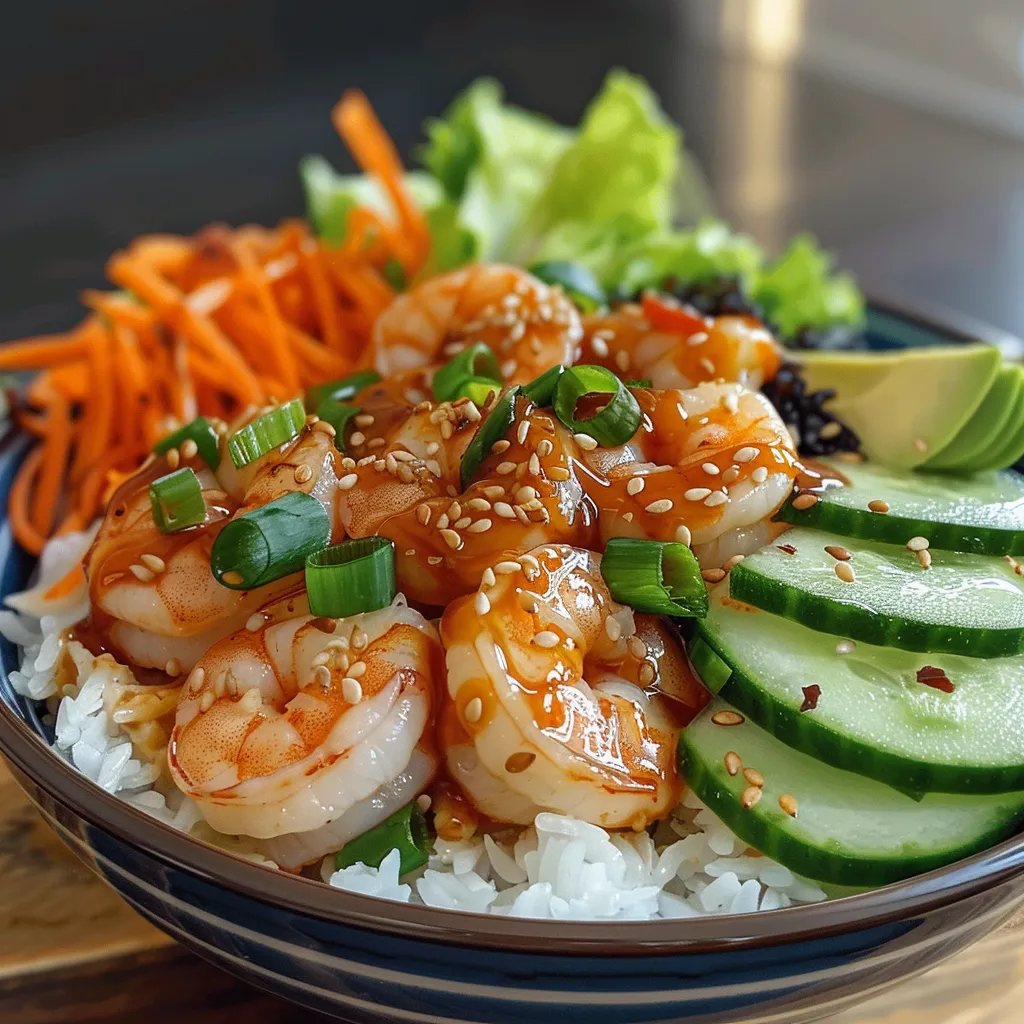 Side view of a bowl filled with shrimp, rice, avocado, and vibrant vegetables.