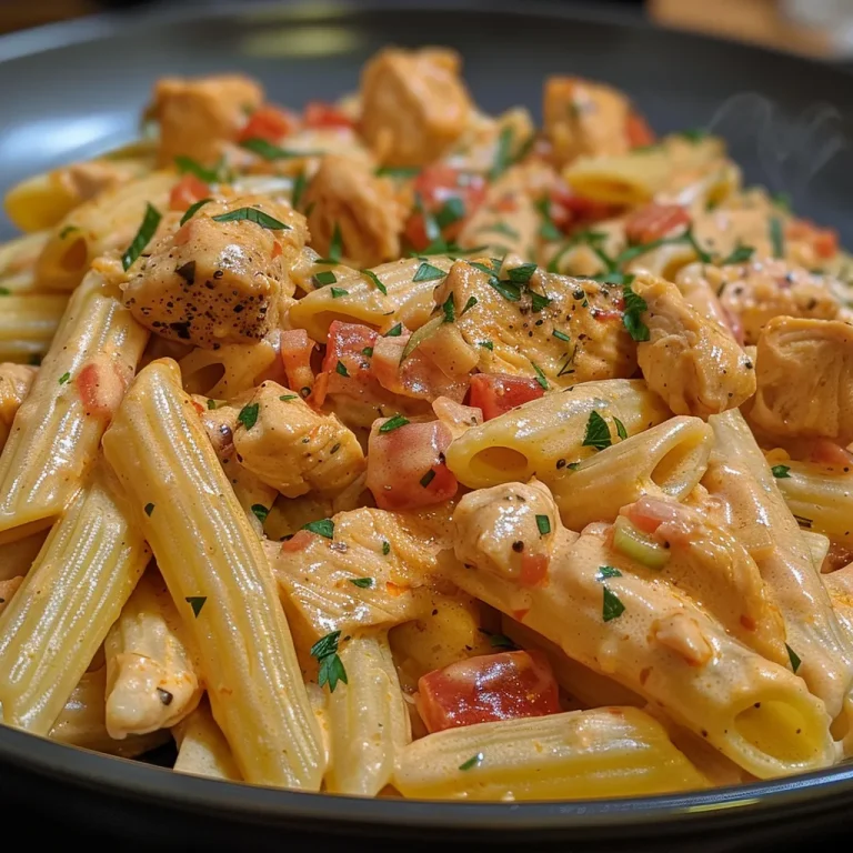 Close-up view of creamy tomato chicken pasta with basil.