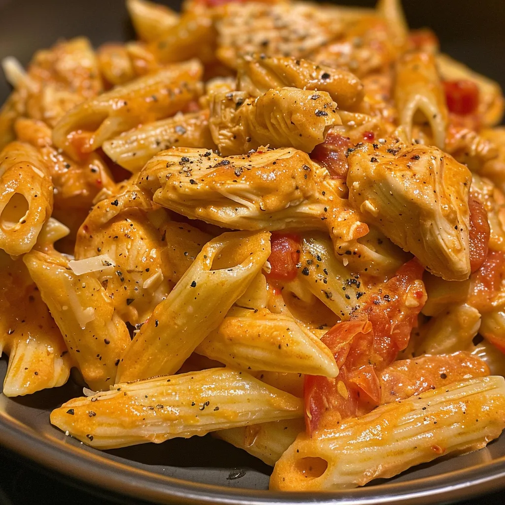 Juicy chicken pasta in a rich tomato sauce served in a bowl.