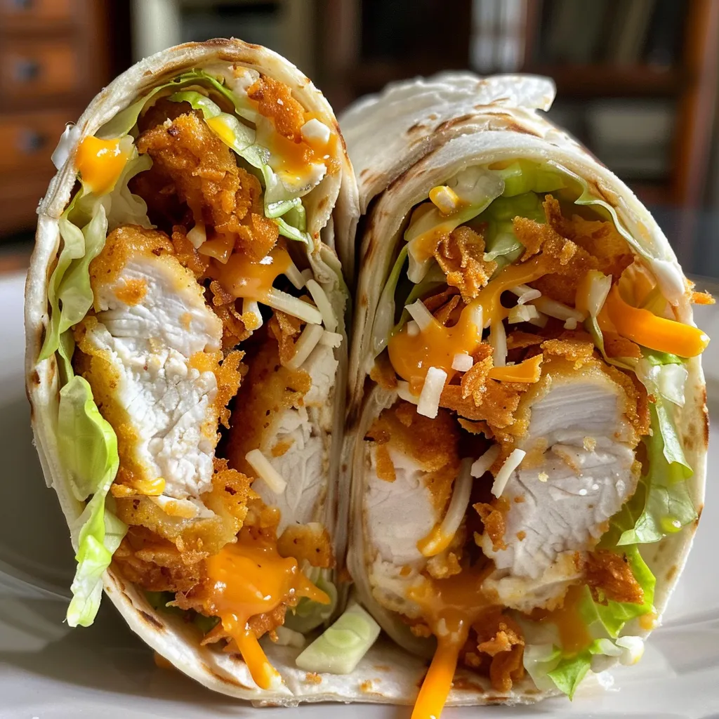 Side view of juicy chicken wraps showing vibrant lettuce and cheese.