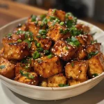 Close-up of crispy honey garlic tofu cubes garnished with green onions.