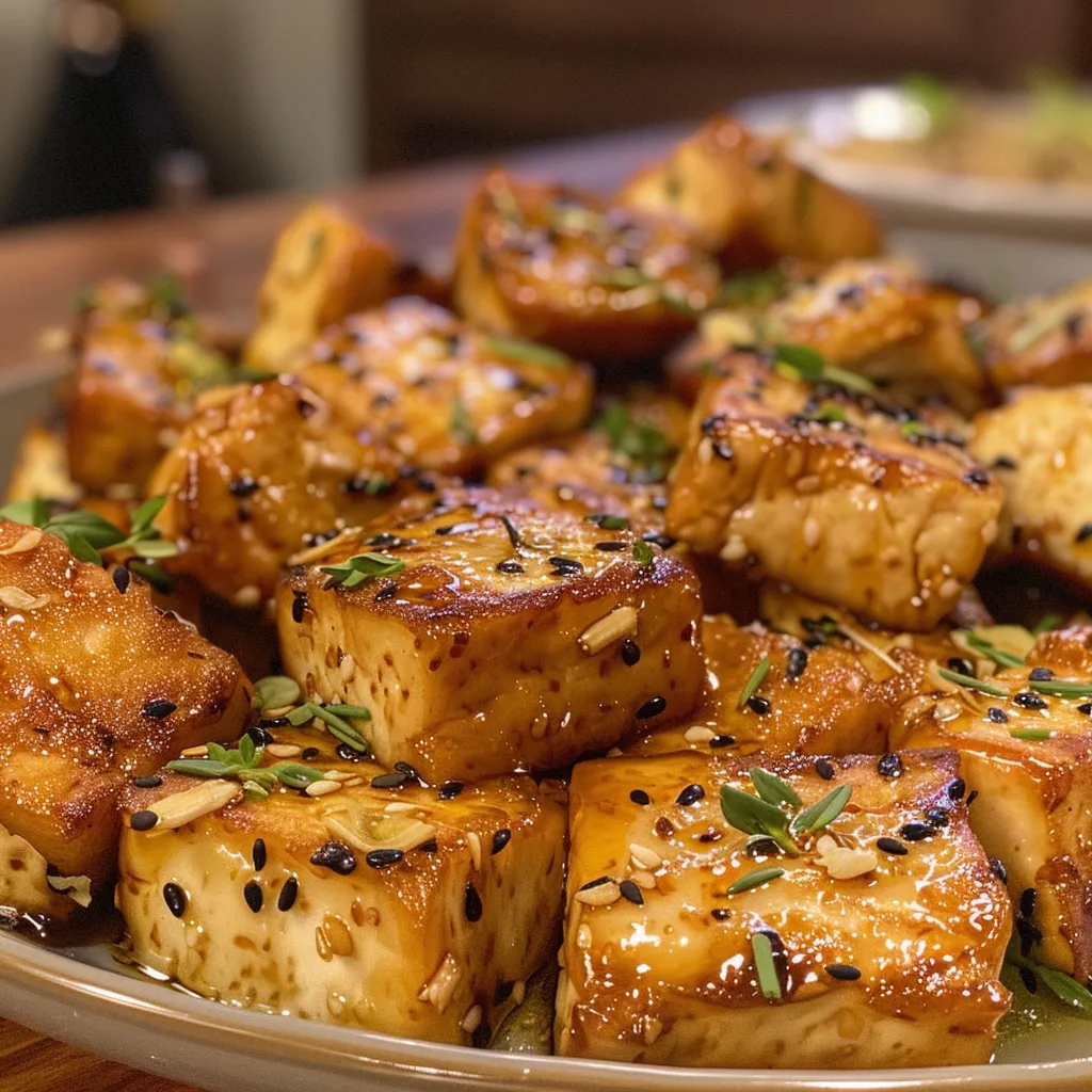 Crispy tofu cubes coated in a glossy honey garlic sauce, served on a plate.