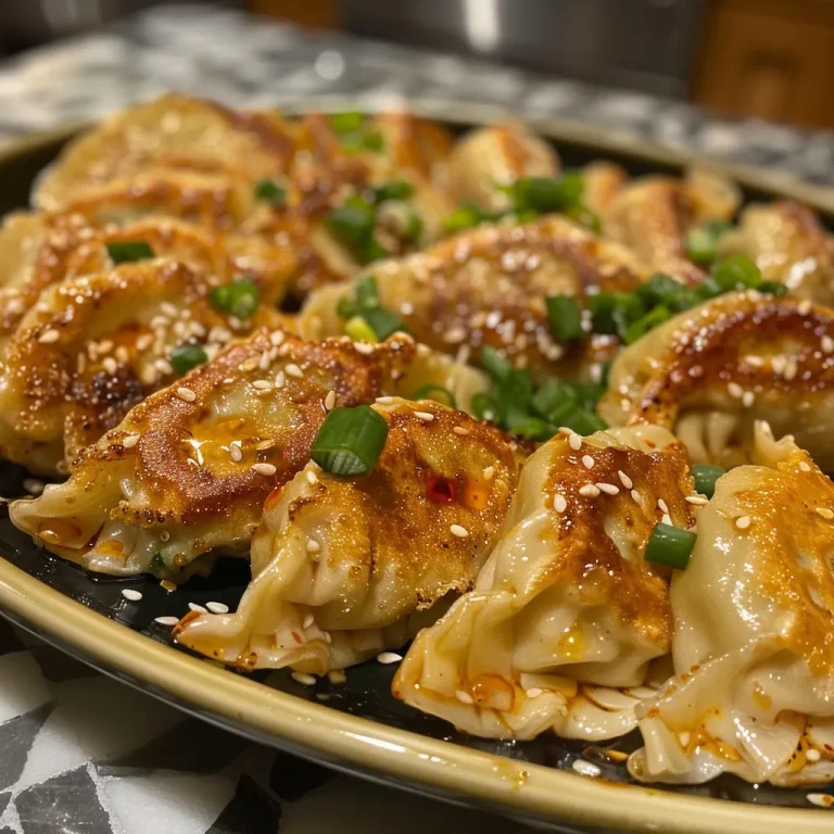 Close-up view of crispy pan-fried chicken dumplings with golden-brown edges.