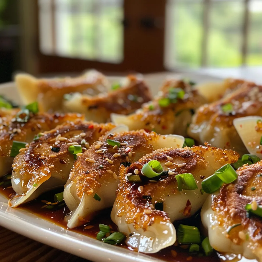 Side view of juicy chicken dumplings, revealing a crispy exterior and fresh ingredients.