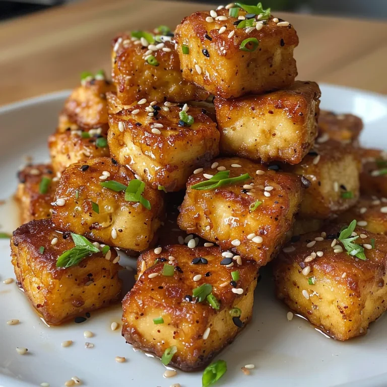 A close-up of golden, crispy tofu bites garnished with sesame seeds.