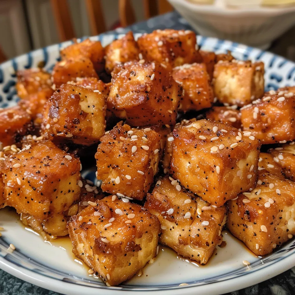 Juicy, fried tofu pieces with a crunchy texture, presented on a plate.