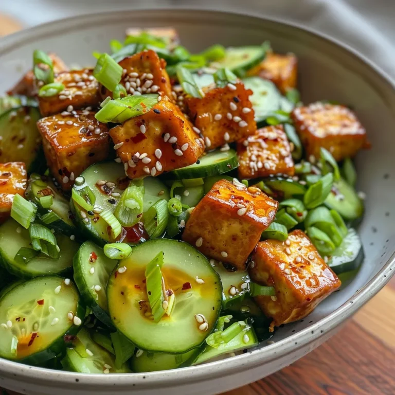Close-up of a fresh crispy tofu salad featuring sliced cucumbers and garnishes.