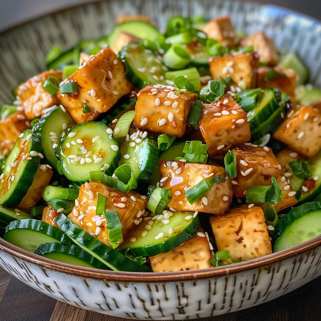 Side view of a vibrant tofu salad with cucumbers, green onions, and sesame seeds.