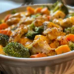Close-up of a creamy chicken and veggie casserole in a slow cooker, showcasing vibrant colors and textures.