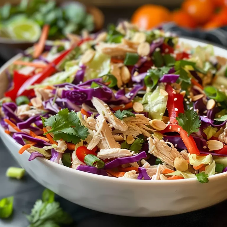 Close-up view of a vibrant Crunchy Asian Chicken Salad featuring colorful vegetables and shredded chicken.