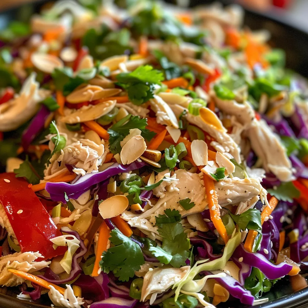 Side view of a fresh, crunchy salad with red and green cabbage, carrots, and sliced chicken on a plate.