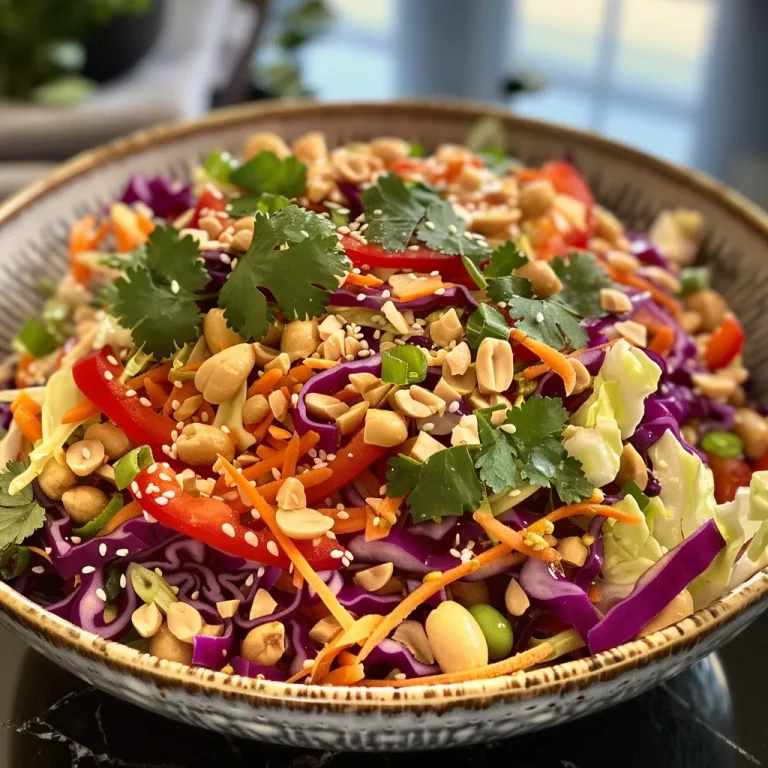 Close-up view of a colorful Crunchy Peanut Cabbage Salad featuring shredded green and red cabbage, carrots, and a variety of toppings.