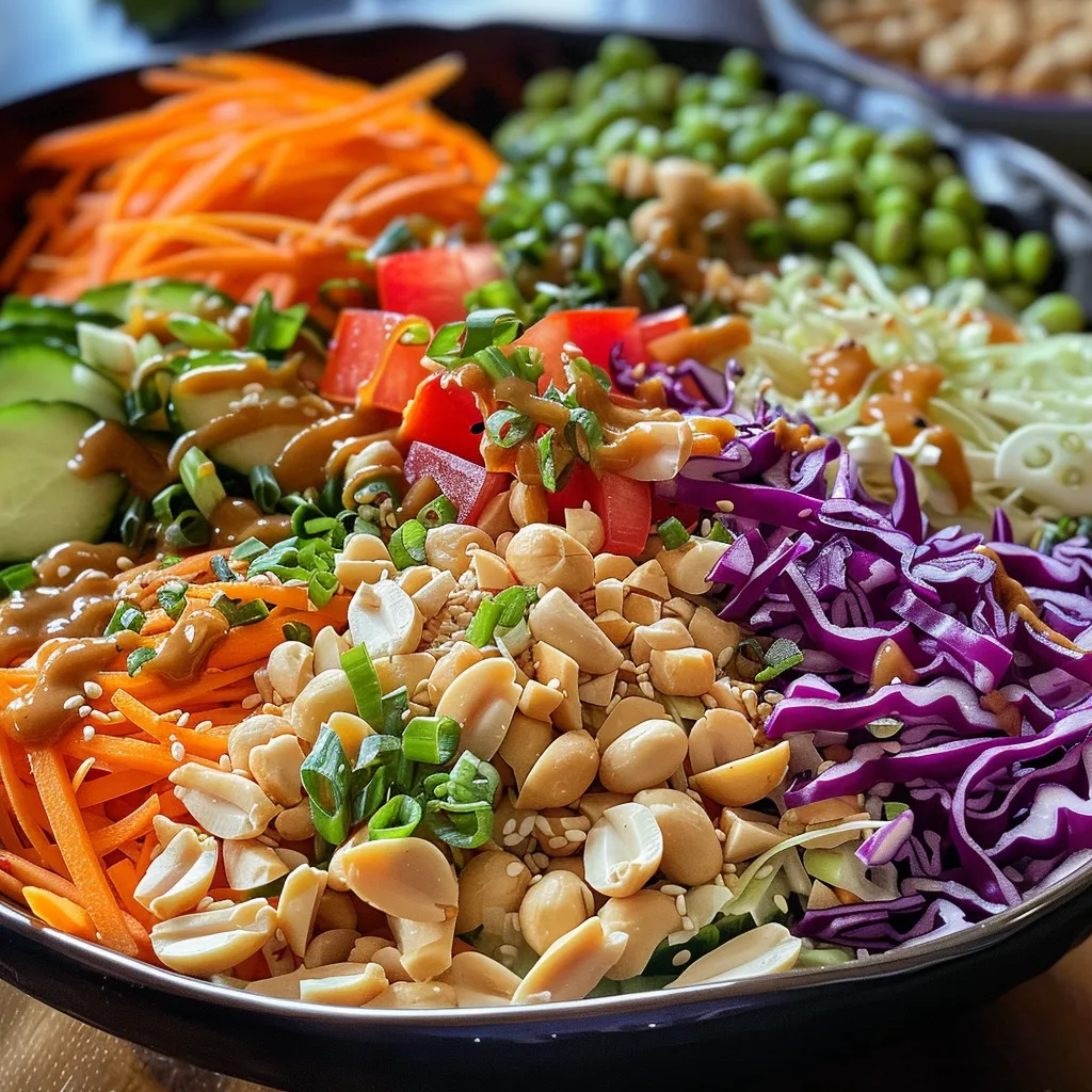 Vibrant Crunchy Peanut Cabbage Salad displayed in a bowl, showcasing crunchy textures and fresh vegetables.