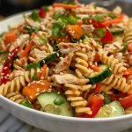 A close-up side view of Crunchy Sesame Chicken Pasta Salad featuring vibrant ingredients.